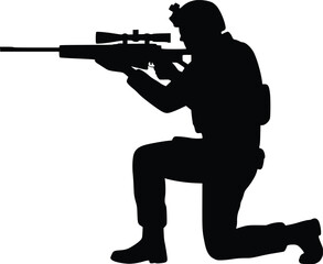 Silhouette illustration of prone soldier with scoped rifle, highlighting tactical focus and combat posture
