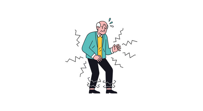 An older gentleman experiencing a sudden electric shock or intense feeling of surprise and discomfort