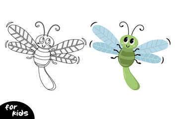 Cute dragonfly character. Coloring for kids. Happy insect in kids style. Vector illustration.