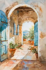 Watercolor archway courtyard scene