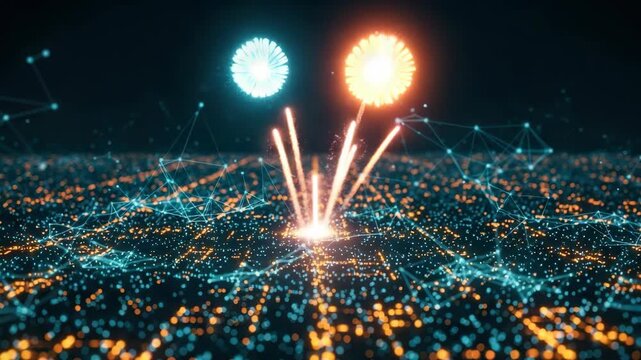 A vibrant digital landscape illuminated by colorful fireworks showcasing a network of interconnected nodes and glowing particles symbolizing celebration and technological advancement