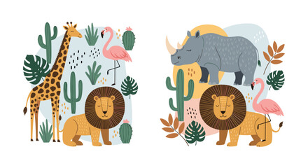 Obraz premium Vibrant safari scene featuring majestic giraffes lions rhinos and flamingos amidst cacti and lush greenery
