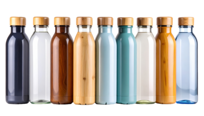Eco-friendly water bottles set with bamboo lids, clear glass, and colorful matte fini
