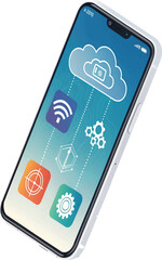  3D isometric smartphone with floating icons.