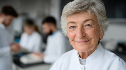 Fototapeta premium Elderly woman scientist smiling in laboratory, wearing white coat, gray hair, confident, professional, research environment