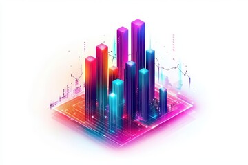 Colorful 3D Bar Graph with Digital Elements and Vibrant Background