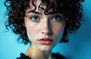 Close-up of a young woman with curly dark hair and striking blue eyes looking directly at the camera