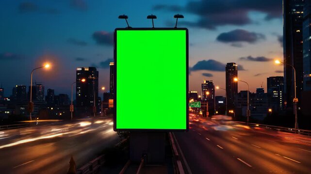 Green Screen Billboard Mockup on a Busy City Highway at Dusk to Night, with Car 