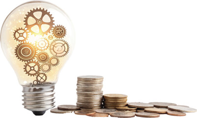 Glowing light bulb with gears inside, surrounded by money coins
