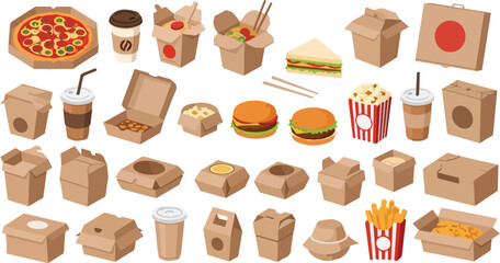 Fast food and takeaway packaging vector illustration set. Collection of isometric icons for food delivery including pizza, burger, fries, and coffee.
