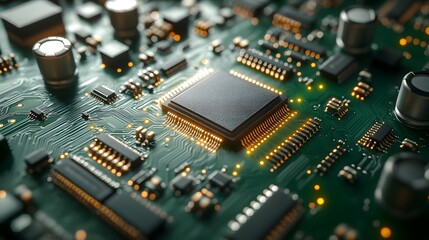 A detailed close-up shows a modern computer chip with intricate gold circuitry and vibrant green elements creating an intriguing technology focused design today.