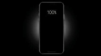 Smartphone mock up with blank screen displaying battery level at 100 percent, illuminated against a dark background, ideal for design projects and digital presentations
