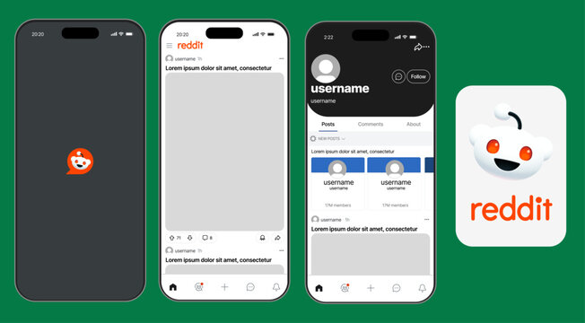 Reddit UI mockup template. Social media platform layout and discussion forum design. Reddit post, comment section, and user profile interface. Website and mobile app mockup for online communities.