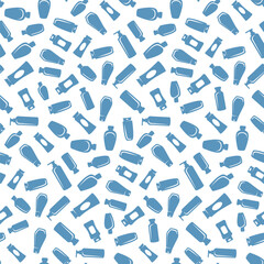 Seamless vector pattern of blue cosmetic bottle icons for beauty product design projects