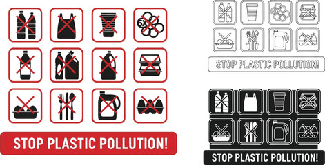 Stop plastic pollution concept vector illustration with plastic ban icon set design