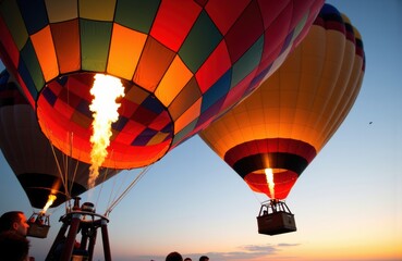 Obraz premium Colorful hot air balloons floating in the sky during sunset with flames heating the air inside
