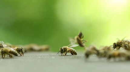 Close-up view of honey bees gathering nectar on a surface, showcasing their intricate details and vibrant colors against a blurred green background, emphasizing nature's beauty and ecosystem