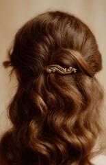 Woman with long brown wavy hair wearing golden hair clip decorated with pearls