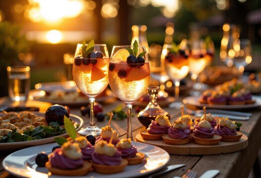 Elegant outdoor dining setup with colorful desserts and drinks at sunset