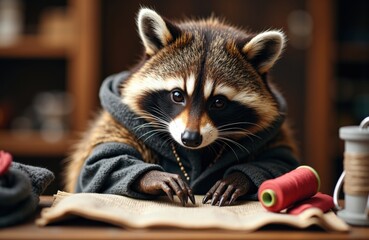 Raccoon with curious expression rests its paws on an open book in a cozy indoor setting