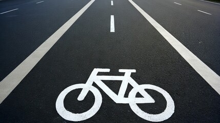 Obraz premium Bicycle lane marking on asphalt road, featuring clear white paint design, emphasizing cycling safety and urban infrastructure for transportation enthusiasts and city planners
