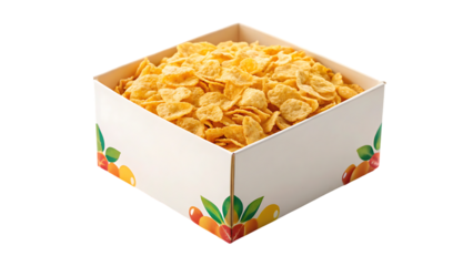 Crispy corn flakes in white ceramic bowl with milk splash, bright morning breakfast scene

