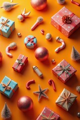 Christmas gifts and decorations on vibrant orange background creating festive atmosphere