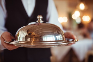 A waiter in formal vest delivering food in a silver tray with a shiny stainless steel dome cover (cloche).