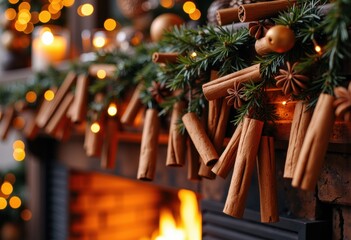 Festive Christmas garland decorated with cinnamon sticks, pinecones, and warm lights