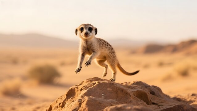 A meerkat stands alert on a rock in a desert landscape, showcasing its natural habitat and behavior. - Powered by Adobe