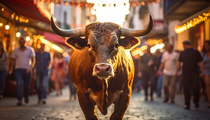 Bull in a bustling street market