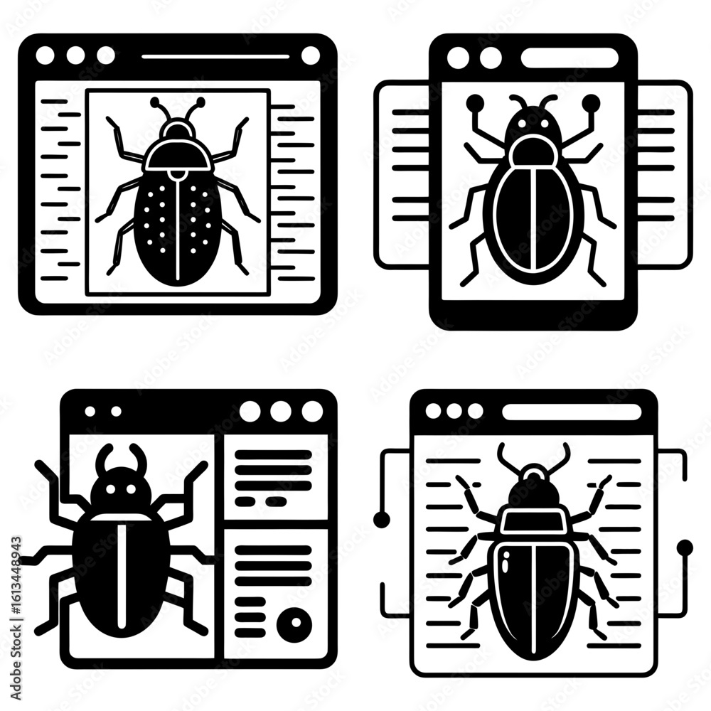 Poster four stylized images showing beetles displayed on screens symbolizing software bugs and debugging to