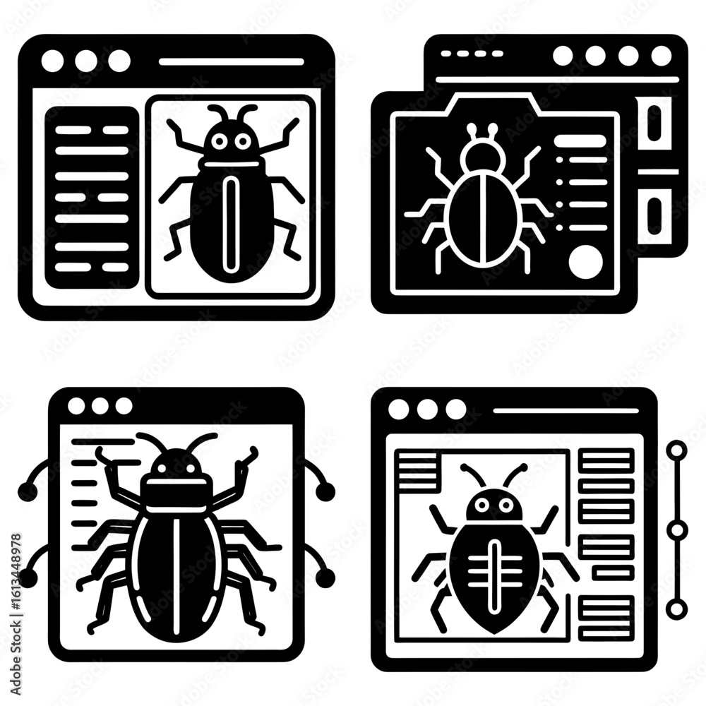 Poster four software bug icons in browser windows with code, showing different bug designs in black and whi