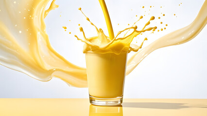 Yellow liquid splashing into a glass, likely juice