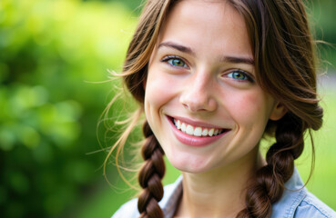 Fototapeta premium Woman smiling outdoors with bright natural light and lush green background