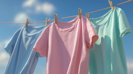 パステルカラーのTシャツが風に揺れて干されている様子