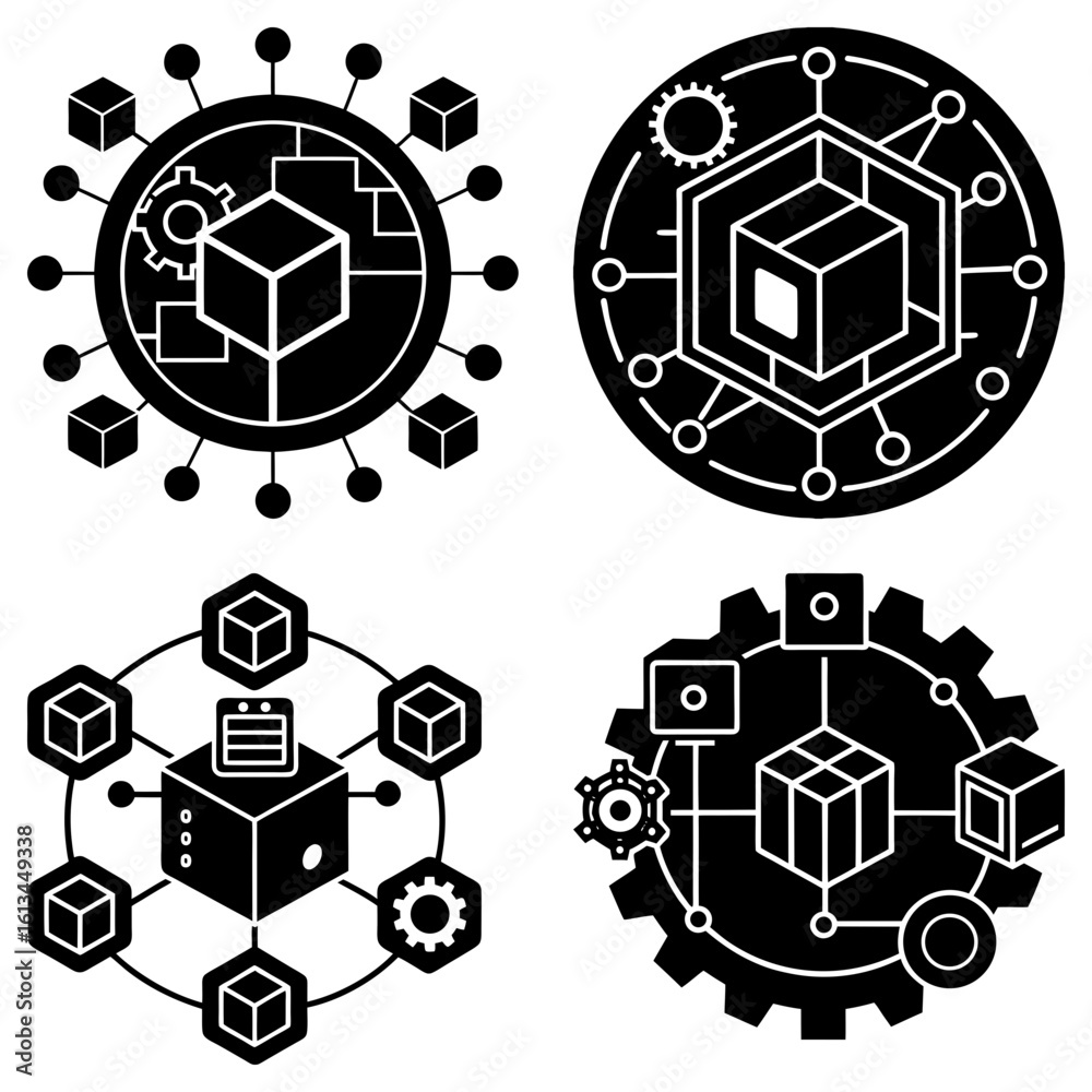 Poster four distinct black and white circular designs featuring cubes gears and connected nodes in a patter