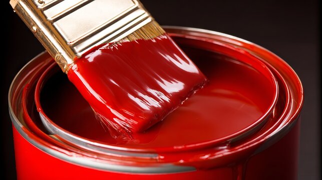 Close-up of a paintbrush dipped in vibrant red paint, resting on the edge of an open paint can, showcasing the rich texture and color of the paint for artistic projects