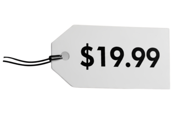 A minimalist white price tag with a black string, displaying '$19.99' in bold black font. Clean, modern, and professional style, soft shadows, product photography lighting.