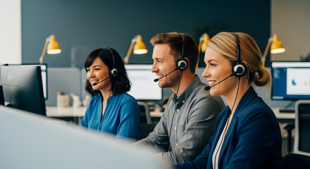 Diverse Customer Service Team Wearing Headsets Working in Modern Office