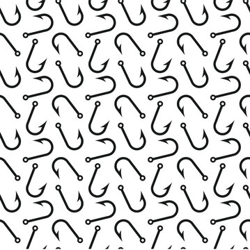 Tackle sport background. Fishing outdoor hobby. Fishing hook seamless pattern