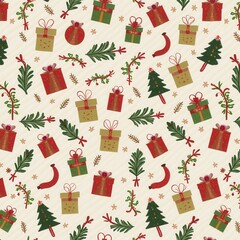 Vibrant Christmas wrapping paper covered with cheerful gifts, ornaments and festive foliage patterns