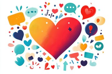 Colorful Heart Illustration with Speech Bubbles and Decorative Elements