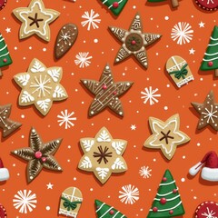 Gingerbread cookie wrapping paper with festive decorations on a bright orange background