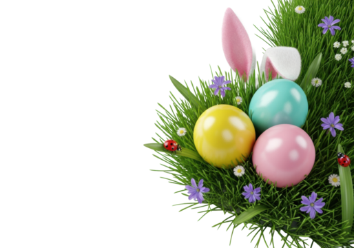 Vibrant yellow, teal, and pink Easter eggs nested in lush emerald grass with tiny purple and white flowers, a realistic ladybug, and playful pink bunny ears, expertly lit in a clean studio for a