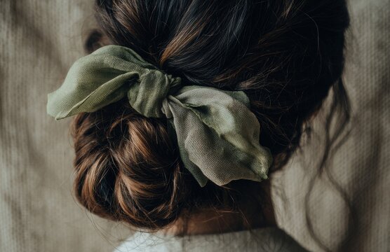 Woman with elegant low bun hairstyle wearing green bow on brown hair - Powered by Adobe