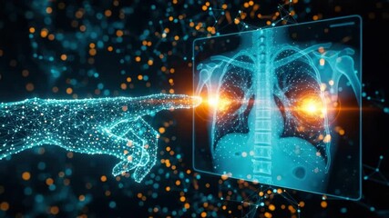 A futuristic digital representation of a human hand reaching towards a glowing holographic display of a human respiratory system set against a backdrop of interconnected data points and vibrant colors - Powered by Adobe