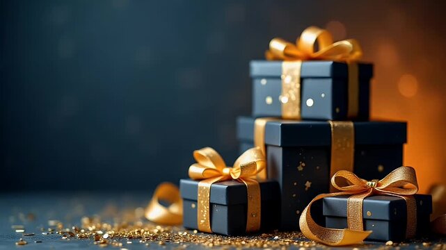 elegant 4K animation black gray gold gift boxes sparkling bows flying golden confetti set against blurred blue orange background perfect New Year birthdays holiday