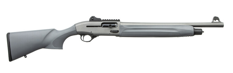 Tactical gray shotgun featuring polymer stock and rail system, laid out horizontally against a white back