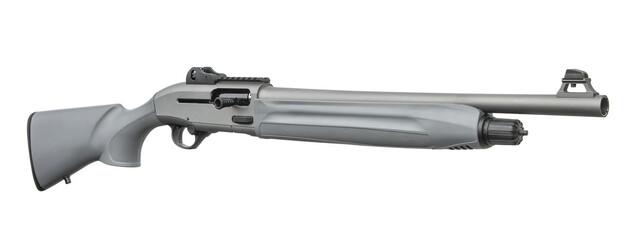 Tactical gray shotgun featuring polymer stock and rail system, laid out horizontally against a...